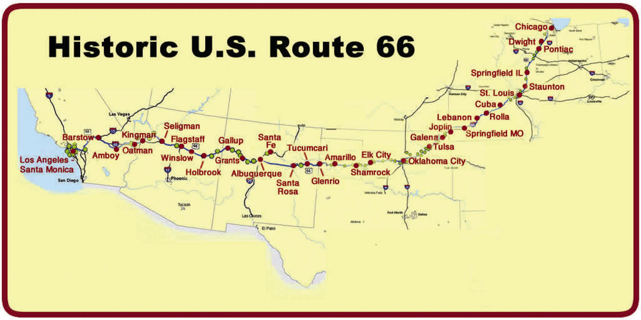 Historic U.S. 66 opened in 1926 and connected Santa Monica, California, and Chicago. The highway runs through Weatherford and Oklahoma has the most miles of any state.