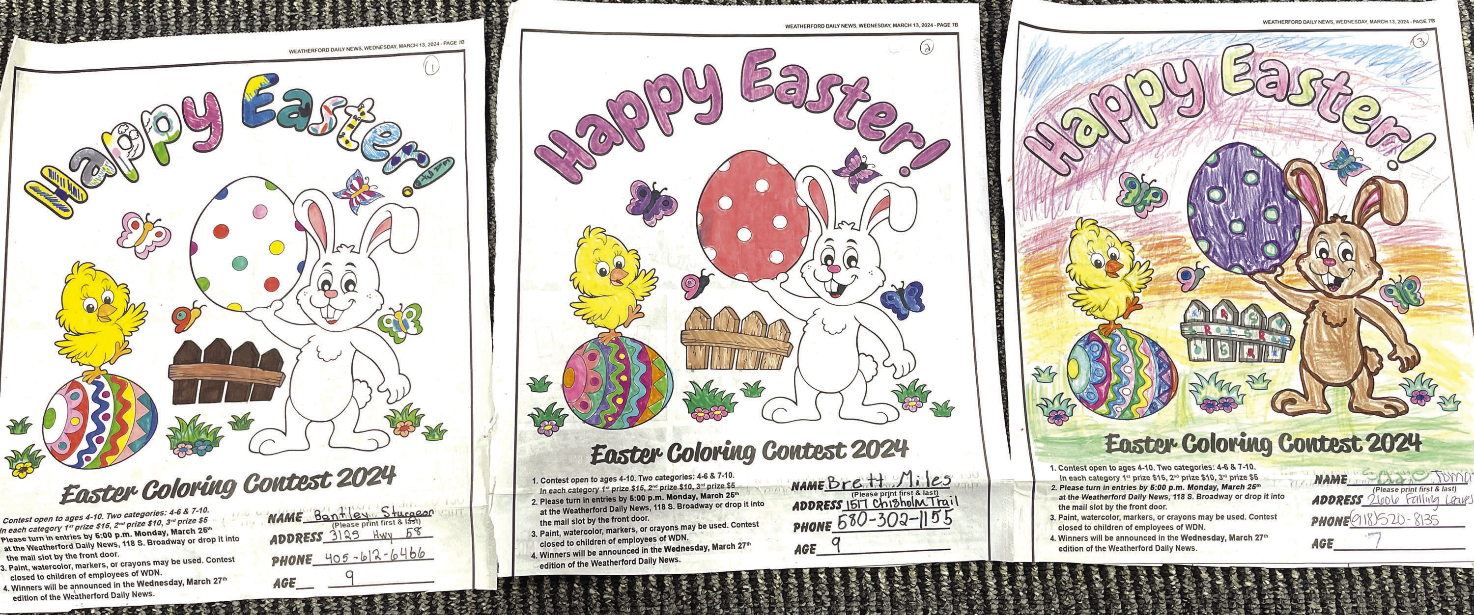 Easter WDN Coloring Contest winners age 7-10 are: 1st place- Bentley Sturgeon 2nd place- Brett Miles 3rd places- Sadie Tomasi