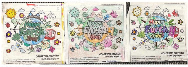 Earth Day Coloring Contest for ages 4-6 are: first place, Harper Perkins; second place Mia Swenson; and third place.Carlee Smith.