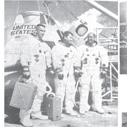 ◄APOLLO 10 CREW: Ready for the final countdown are the astronauts Eugene Cernan, lunar module pilot, John W. Young, command module pilot and Thomas Stafford, mission commander. May 15, 1969