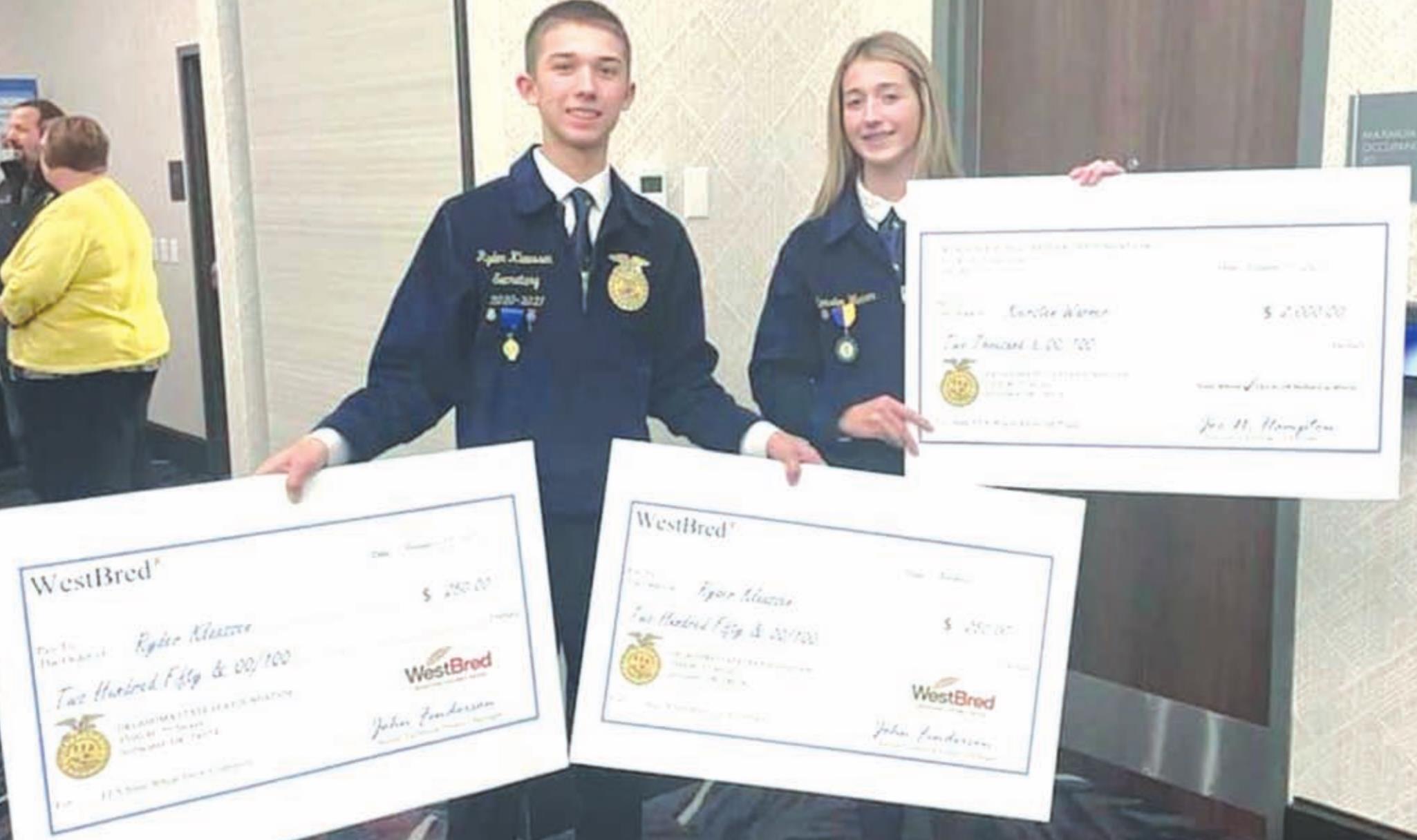 Hydro-Eakly FFA members Ryder Klaassen and Kiersten Warner were in the Top 5 overall scholarship winners at the Oklahoma State Wheat Show. Kiersten won a $2,000 scholarship and Ryer was named overall Grand Champion. Provided