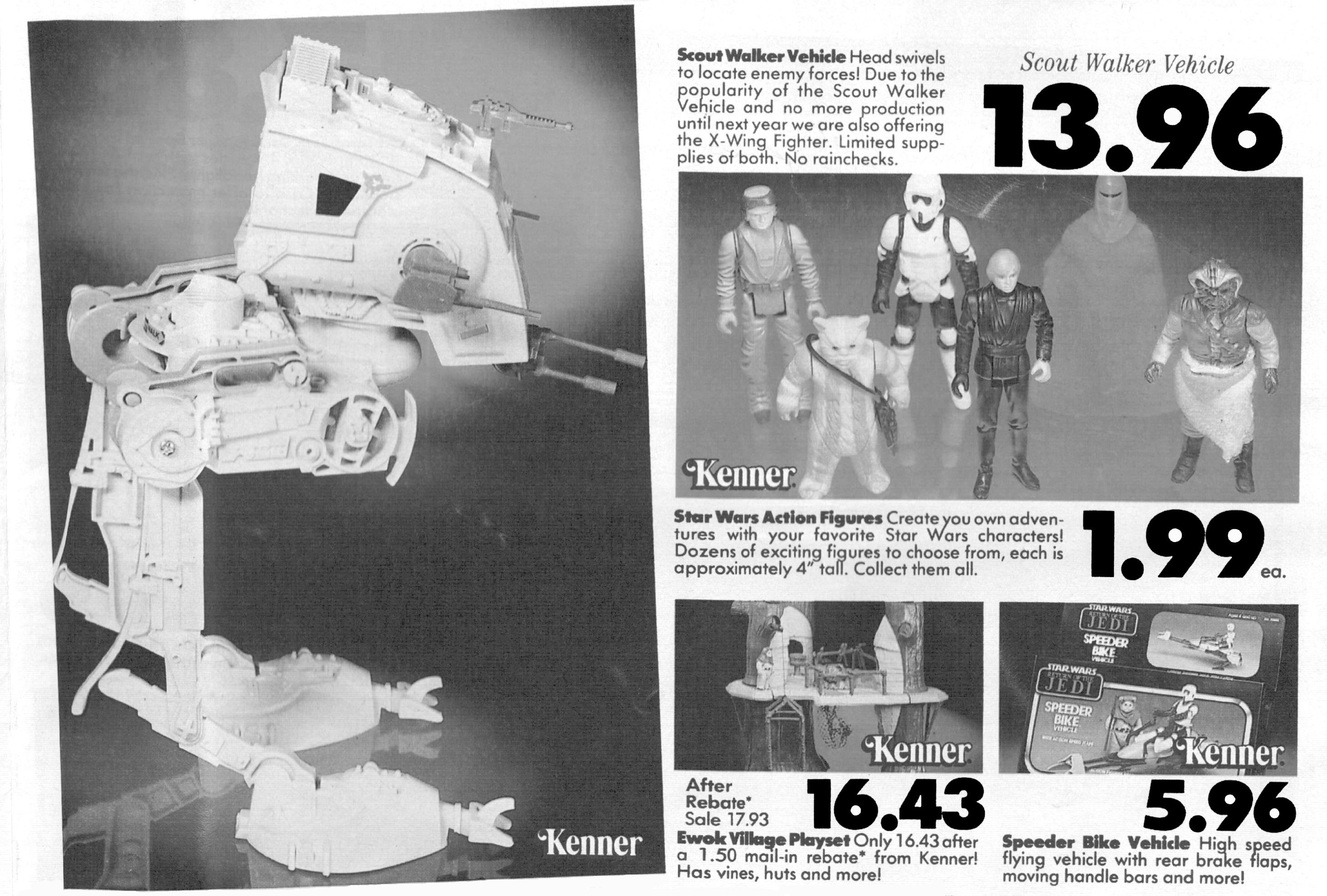 Some things never change. Some of the hottest toys for Christmas 1983 were Star Wars memorabilia. They included action figurines, an Ewok village replica, a speeder bike toy and a Scout walker vehicle with a swivel top. They are probably more valuable today. Original ad published December 2, 1983.