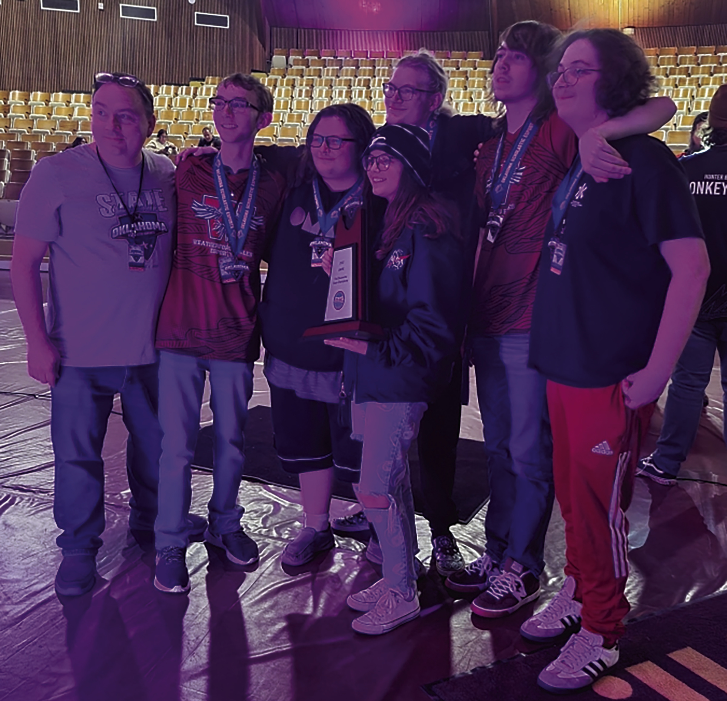 The Weatherford eSports team wins the Oklahoma Scholastic eSorts League SMITE state championship at Clinton December 17. Pictured from left is coach Eric Johns, Nathan Handy, Ashton Collins, Ryan Pool, Maric Lovejoy, Wyatt O’Bleness and Alex Brown. Provided