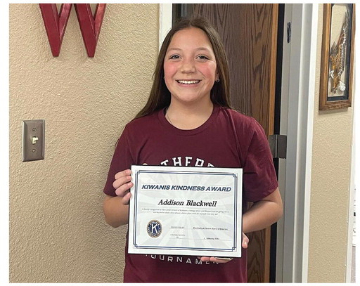 Weatherford Middle School student Addy Blackwell receives the Kiwanis Kindness Student of the Month award. Provided